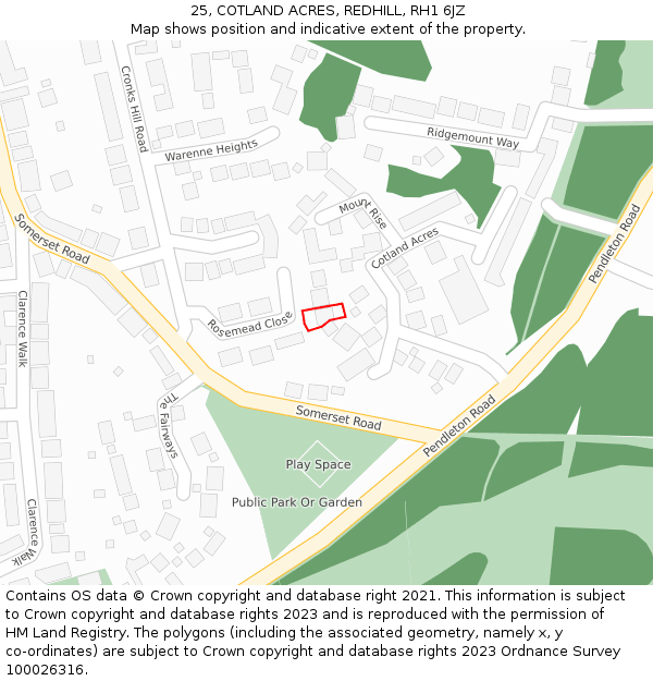 25, COTLAND ACRES, REDHILL, RH1 6JZ: Location map and indicative extent of plot