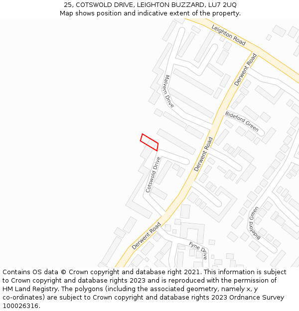 25, COTSWOLD DRIVE, LEIGHTON BUZZARD, LU7 2UQ: Location map and indicative extent of plot