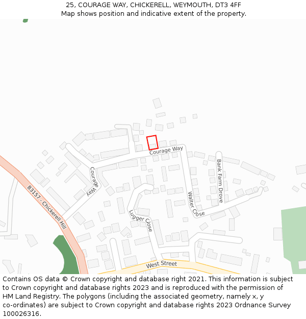 25, COURAGE WAY, CHICKERELL, WEYMOUTH, DT3 4FF: Location map and indicative extent of plot