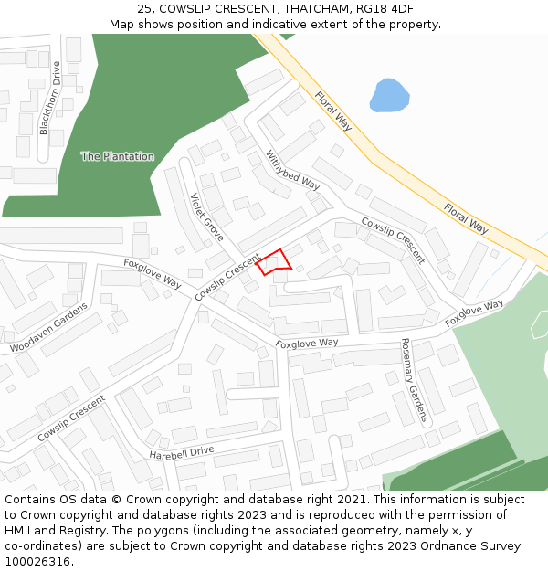 25, COWSLIP CRESCENT, THATCHAM, RG18 4DF: Location map and indicative extent of plot