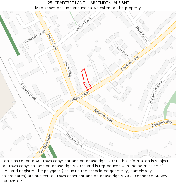 25, CRABTREE LANE, HARPENDEN, AL5 5NT: Location map and indicative extent of plot