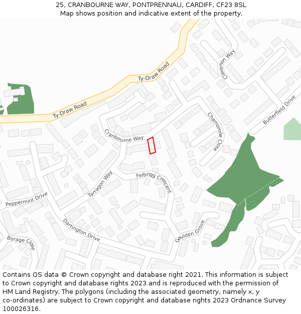 25, CRANBOURNE WAY, PONTPRENNAU, CARDIFF, CF23 8SL: Location map and indicative extent of plot