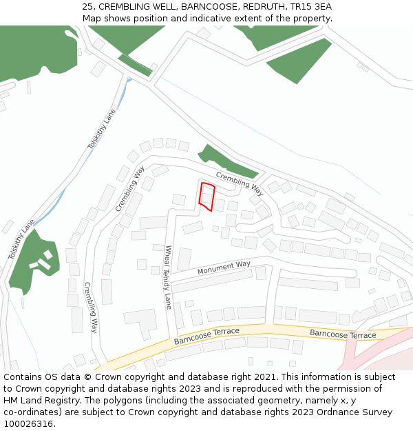 25, CREMBLING WELL, BARNCOOSE, REDRUTH, TR15 3EA: Location map and indicative extent of plot