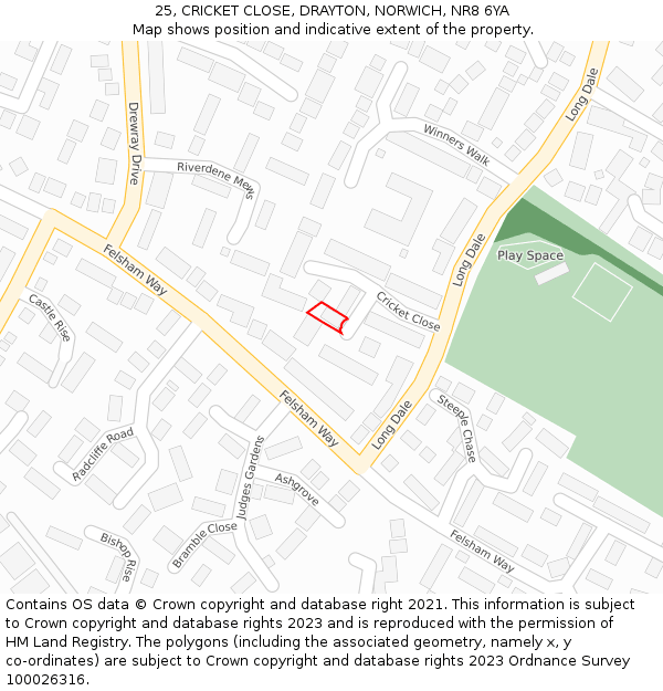 25, CRICKET CLOSE, DRAYTON, NORWICH, NR8 6YA: Location map and indicative extent of plot