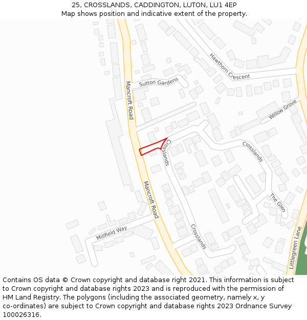 25, CROSSLANDS, CADDINGTON, LUTON, LU1 4EP: Location map and indicative extent of plot