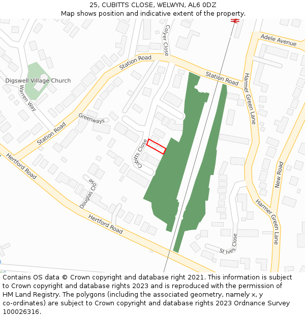 25, CUBITTS CLOSE, WELWYN, AL6 0DZ: Location map and indicative extent of plot