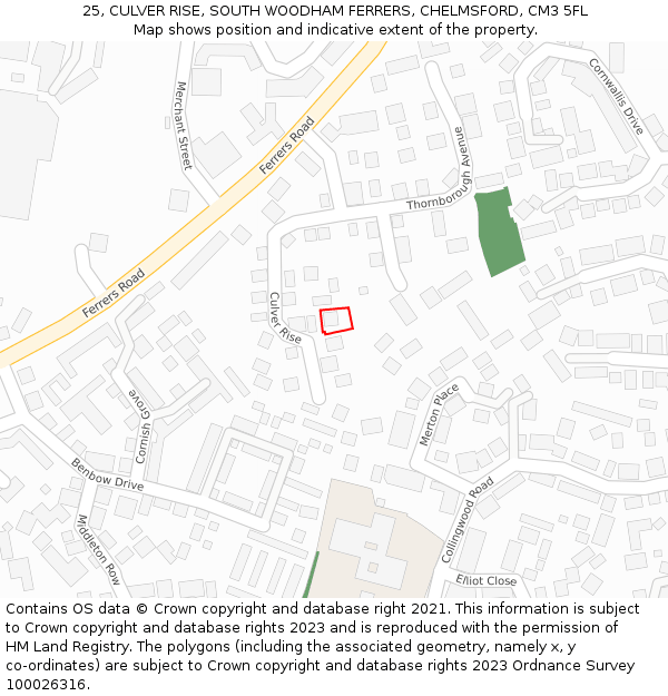 25, CULVER RISE, SOUTH WOODHAM FERRERS, CHELMSFORD, CM3 5FL: Location map and indicative extent of plot