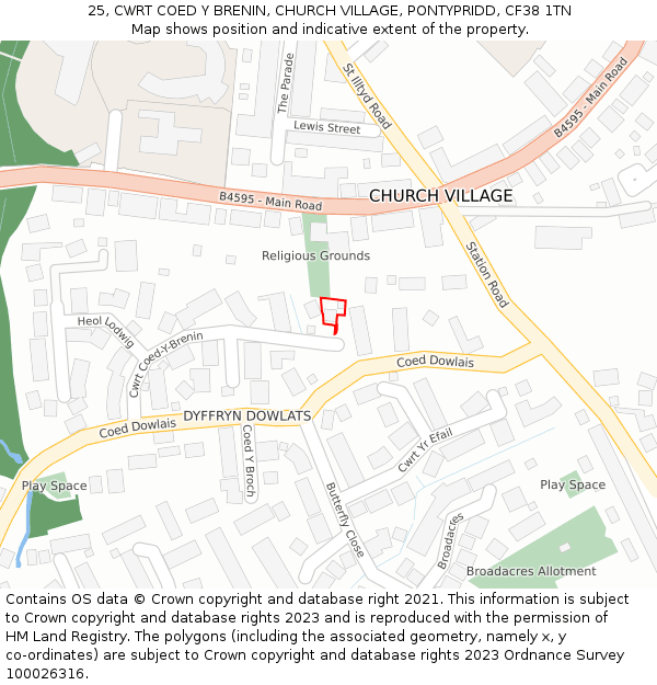 25, CWRT COED Y BRENIN, CHURCH VILLAGE, PONTYPRIDD, CF38 1TN: Location map and indicative extent of plot