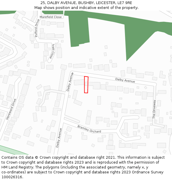 25, DALBY AVENUE, BUSHBY, LEICESTER, LE7 9RE: Location map and indicative extent of plot