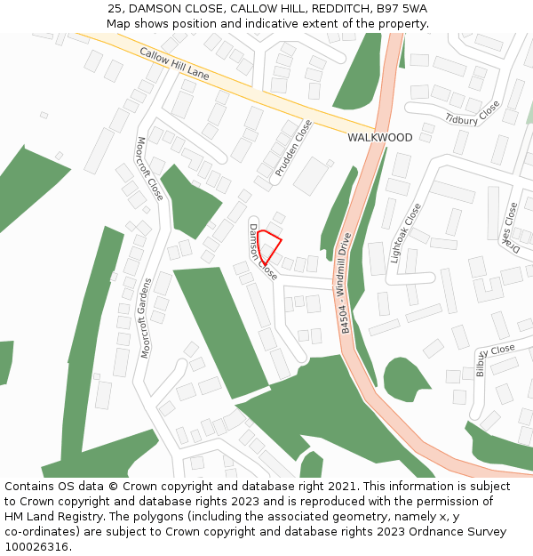 25, DAMSON CLOSE, CALLOW HILL, REDDITCH, B97 5WA: Location map and indicative extent of plot