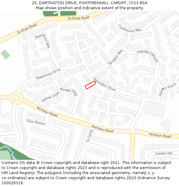 25, DARTINGTON DRIVE, PONTPRENNAU, CARDIFF, CF23 8SA: Location map and indicative extent of plot