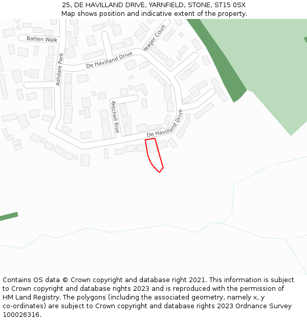 25, DE HAVILLAND DRIVE, YARNFIELD, STONE, ST15 0SX: Location map and indicative extent of plot