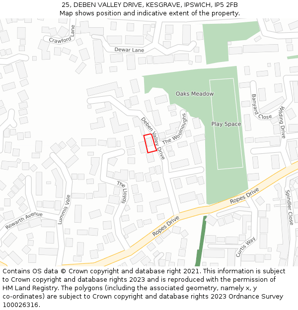 25, DEBEN VALLEY DRIVE, KESGRAVE, IPSWICH, IP5 2FB: Location map and indicative extent of plot