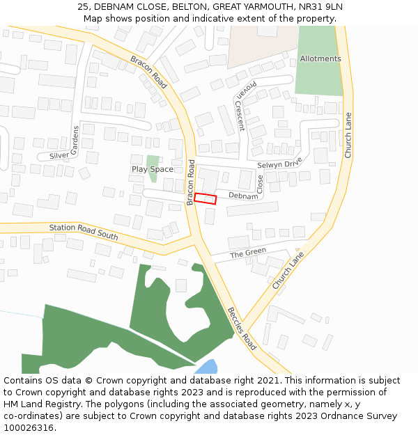 25, DEBNAM CLOSE, BELTON, GREAT YARMOUTH, NR31 9LN: Location map and indicative extent of plot