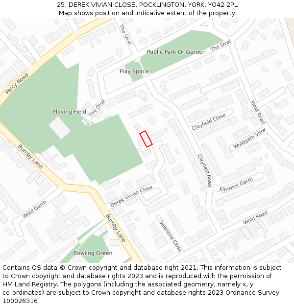 25, DEREK VIVIAN CLOSE, POCKLINGTON, YORK, YO42 2PL: Location map and indicative extent of plot