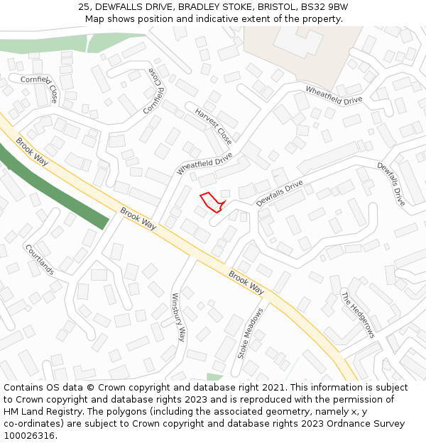 25, DEWFALLS DRIVE, BRADLEY STOKE, BRISTOL, BS32 9BW: Location map and indicative extent of plot