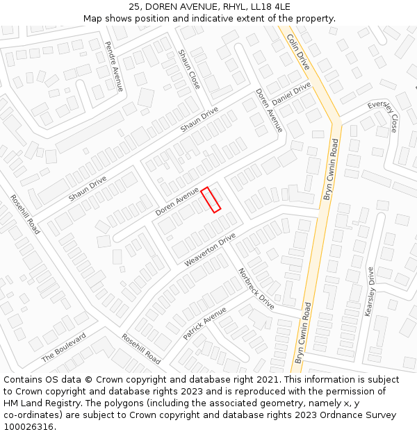 25, DOREN AVENUE, RHYL, LL18 4LE: Location map and indicative extent of plot