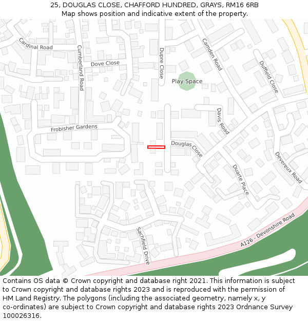 25, DOUGLAS CLOSE, CHAFFORD HUNDRED, GRAYS, RM16 6RB: Location map and indicative extent of plot