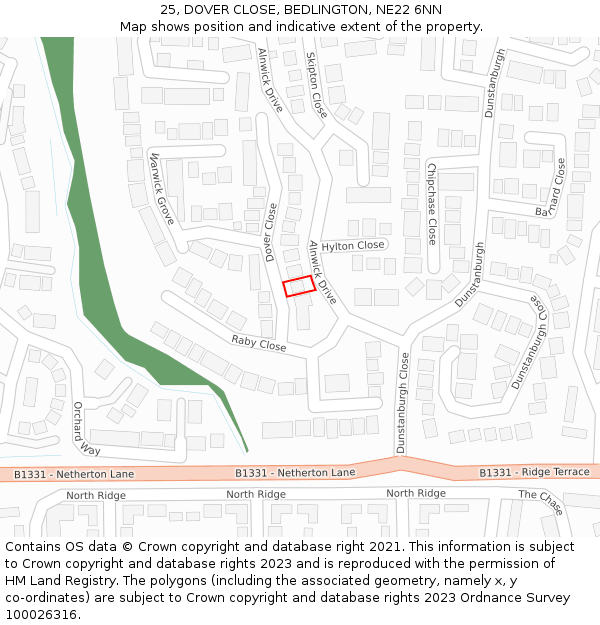 25, DOVER CLOSE, BEDLINGTON, NE22 6NN: Location map and indicative extent of plot