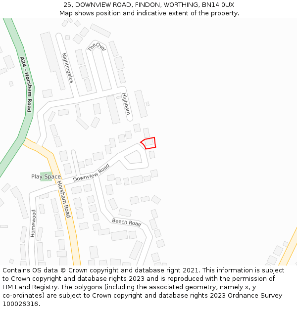 25, DOWNVIEW ROAD, FINDON, WORTHING, BN14 0UX: Location map and indicative extent of plot