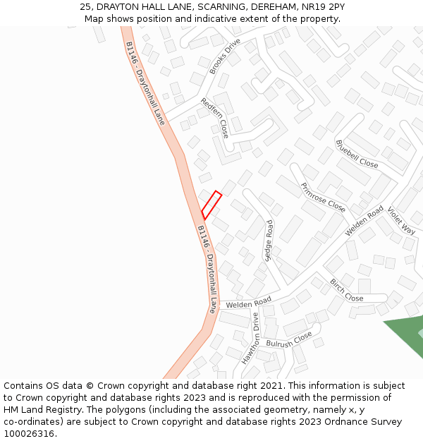 25, DRAYTON HALL LANE, SCARNING, DEREHAM, NR19 2PY: Location map and indicative extent of plot