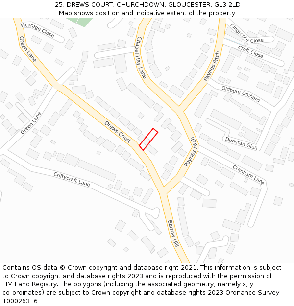 25, DREWS COURT, CHURCHDOWN, GLOUCESTER, GL3 2LD: Location map and indicative extent of plot