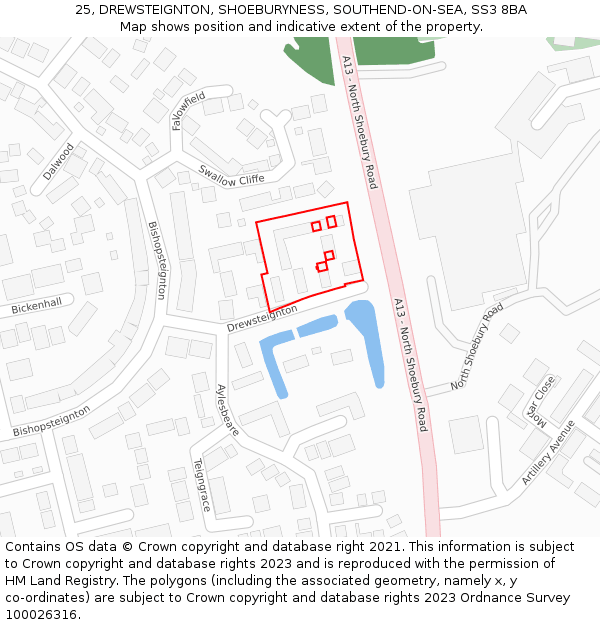 25, DREWSTEIGNTON, SHOEBURYNESS, SOUTHEND-ON-SEA, SS3 8BA: Location map and indicative extent of plot