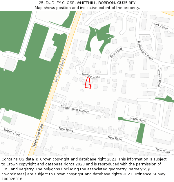 25, DUDLEY CLOSE, WHITEHILL, BORDON, GU35 9PY: Location map and indicative extent of plot