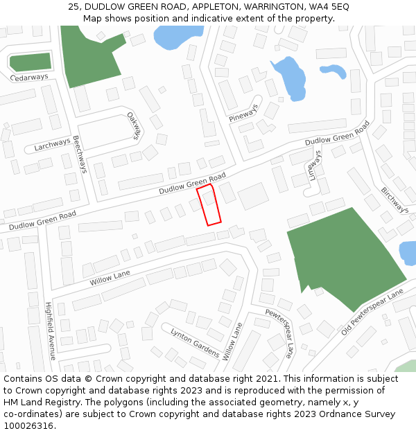 25, DUDLOW GREEN ROAD, APPLETON, WARRINGTON, WA4 5EQ: Location map and indicative extent of plot