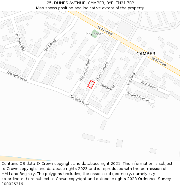 25, DUNES AVENUE, CAMBER, RYE, TN31 7RP: Location map and indicative extent of plot