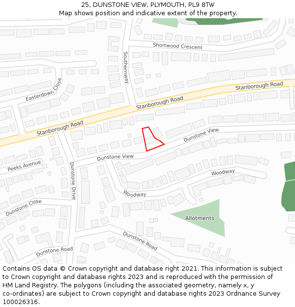 25, DUNSTONE VIEW, PLYMOUTH, PL9 8TW: Location map and indicative extent of plot