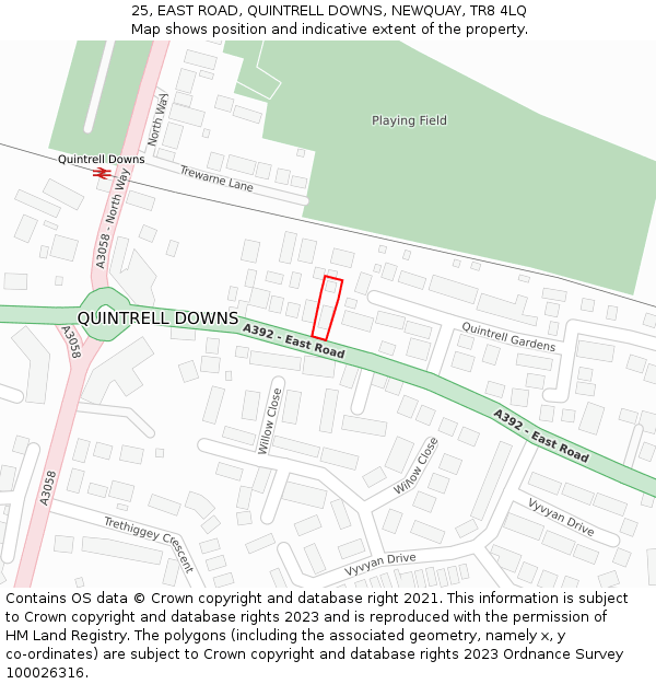 25, EAST ROAD, QUINTRELL DOWNS, NEWQUAY, TR8 4LQ: Location map and indicative extent of plot