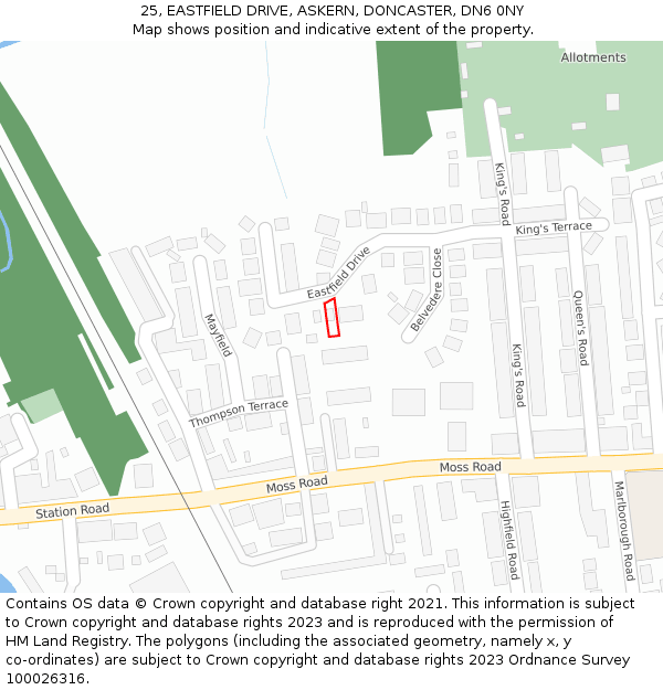 25, EASTFIELD DRIVE, ASKERN, DONCASTER, DN6 0NY: Location map and indicative extent of plot