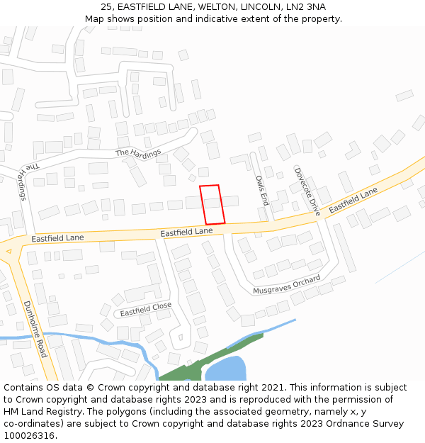 25, EASTFIELD LANE, WELTON, LINCOLN, LN2 3NA: Location map and indicative extent of plot