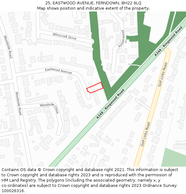 25, EASTWOOD AVENUE, FERNDOWN, BH22 9LQ: Location map and indicative extent of plot