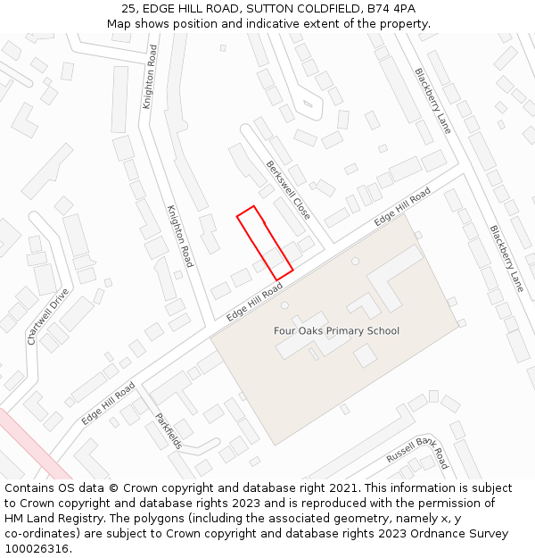 25, EDGE HILL ROAD, SUTTON COLDFIELD, B74 4PA: Location map and indicative extent of plot