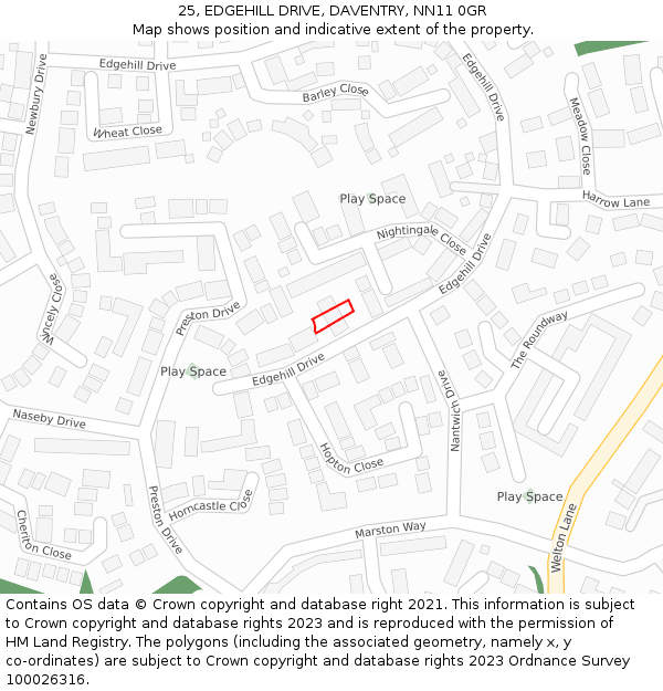 25, EDGEHILL DRIVE, DAVENTRY, NN11 0GR: Location map and indicative extent of plot