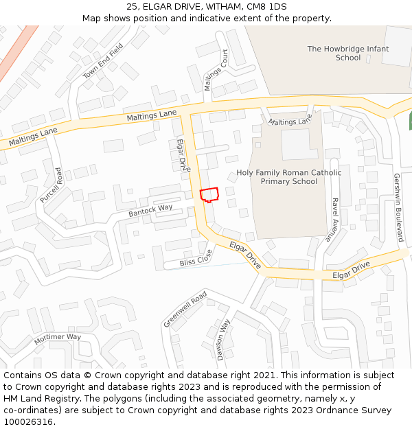 25, ELGAR DRIVE, WITHAM, CM8 1DS: Location map and indicative extent of plot