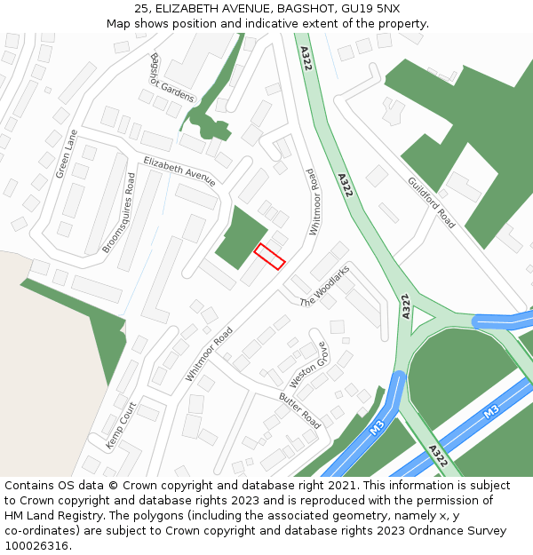 25, ELIZABETH AVENUE, BAGSHOT, GU19 5NX: Location map and indicative extent of plot