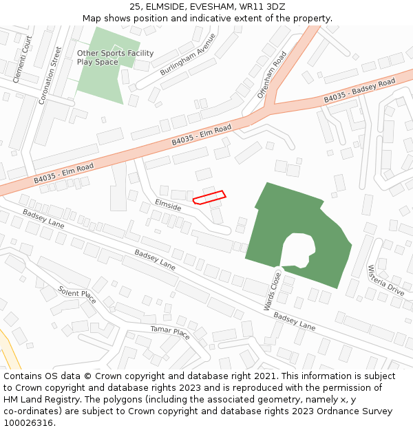 25, ELMSIDE, EVESHAM, WR11 3DZ: Location map and indicative extent of plot