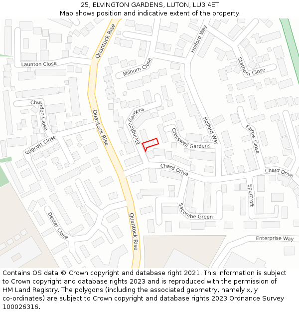 25, ELVINGTON GARDENS, LUTON, LU3 4ET: Location map and indicative extent of plot