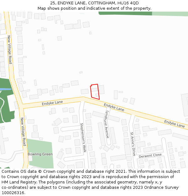 25, ENDYKE LANE, COTTINGHAM, HU16 4QD: Location map and indicative extent of plot