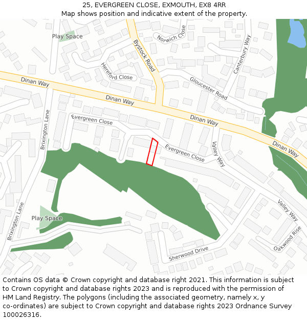 25, EVERGREEN CLOSE, EXMOUTH, EX8 4RR: Location map and indicative extent of plot