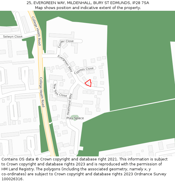 25, EVERGREEN WAY, MILDENHALL, BURY ST EDMUNDS, IP28 7SA: Location map and indicative extent of plot
