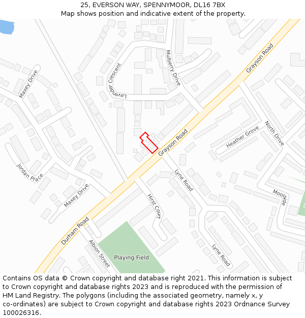 25, EVERSON WAY, SPENNYMOOR, DL16 7BX: Location map and indicative extent of plot