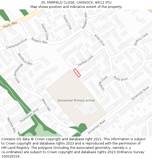 25, FAIRFIELD CLOSE, CANNOCK, WS12 3TU: Location map and indicative extent of plot