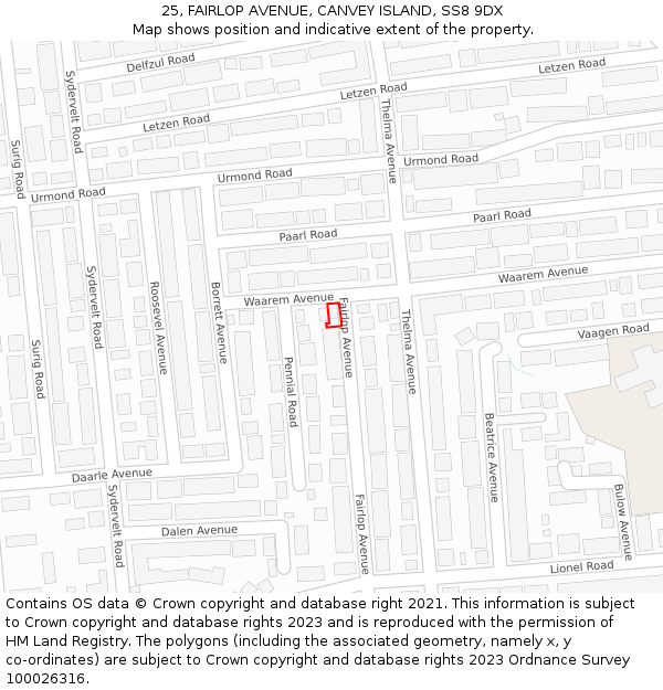 25, FAIRLOP AVENUE, CANVEY ISLAND, SS8 9DX: Location map and indicative extent of plot