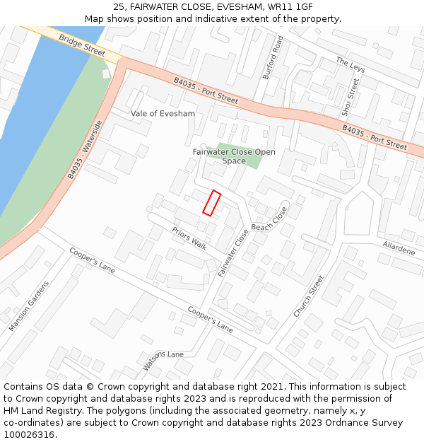 25, FAIRWATER CLOSE, EVESHAM, WR11 1GF: Location map and indicative extent of plot