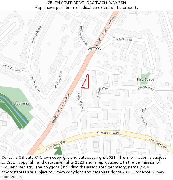 25, FALSTAFF DRIVE, DROITWICH, WR9 7SN: Location map and indicative extent of plot