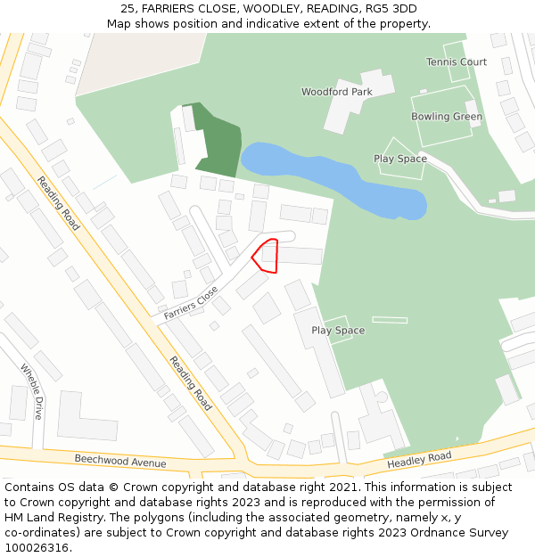 25, FARRIERS CLOSE, WOODLEY, READING, RG5 3DD: Location map and indicative extent of plot